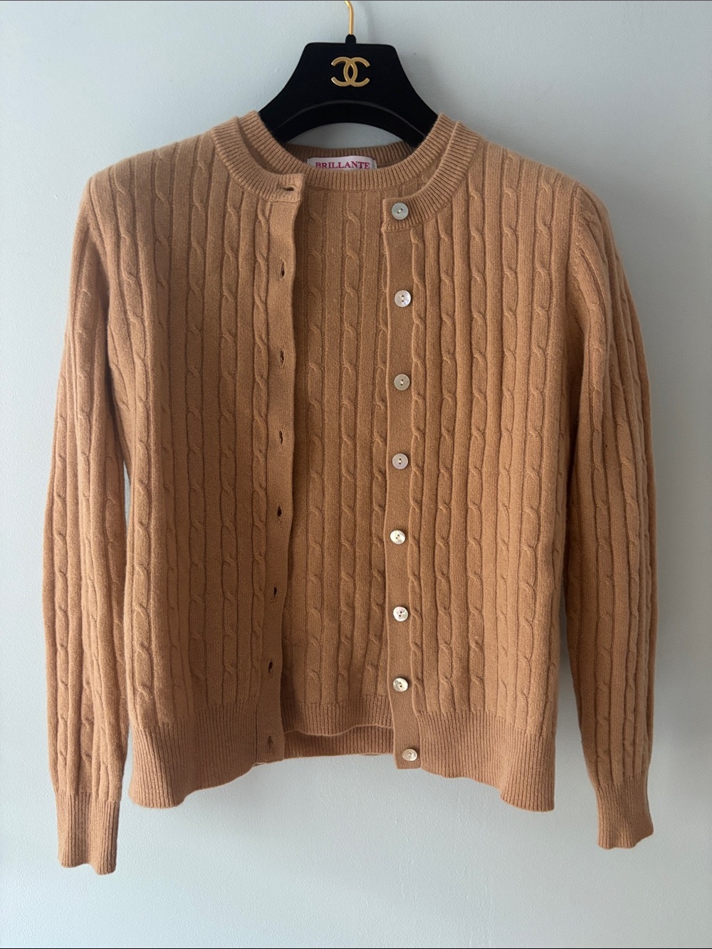 100% Cashmere Camel Cableknit Cardigan  & Short Sleeved Sweater Set - Size Small